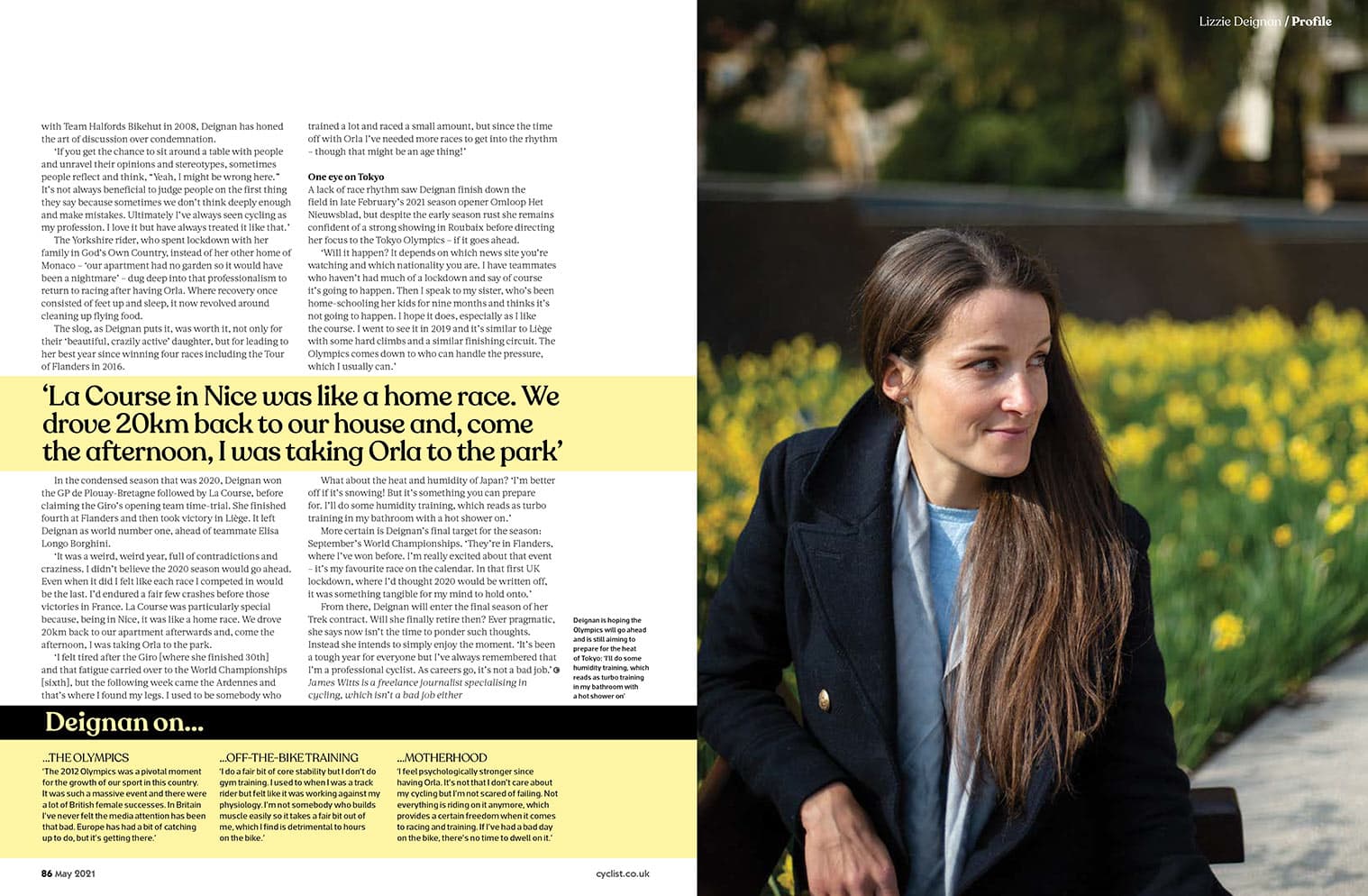 Double page spread from magazine showing portrait of Lizzie Deignan in a park, right
