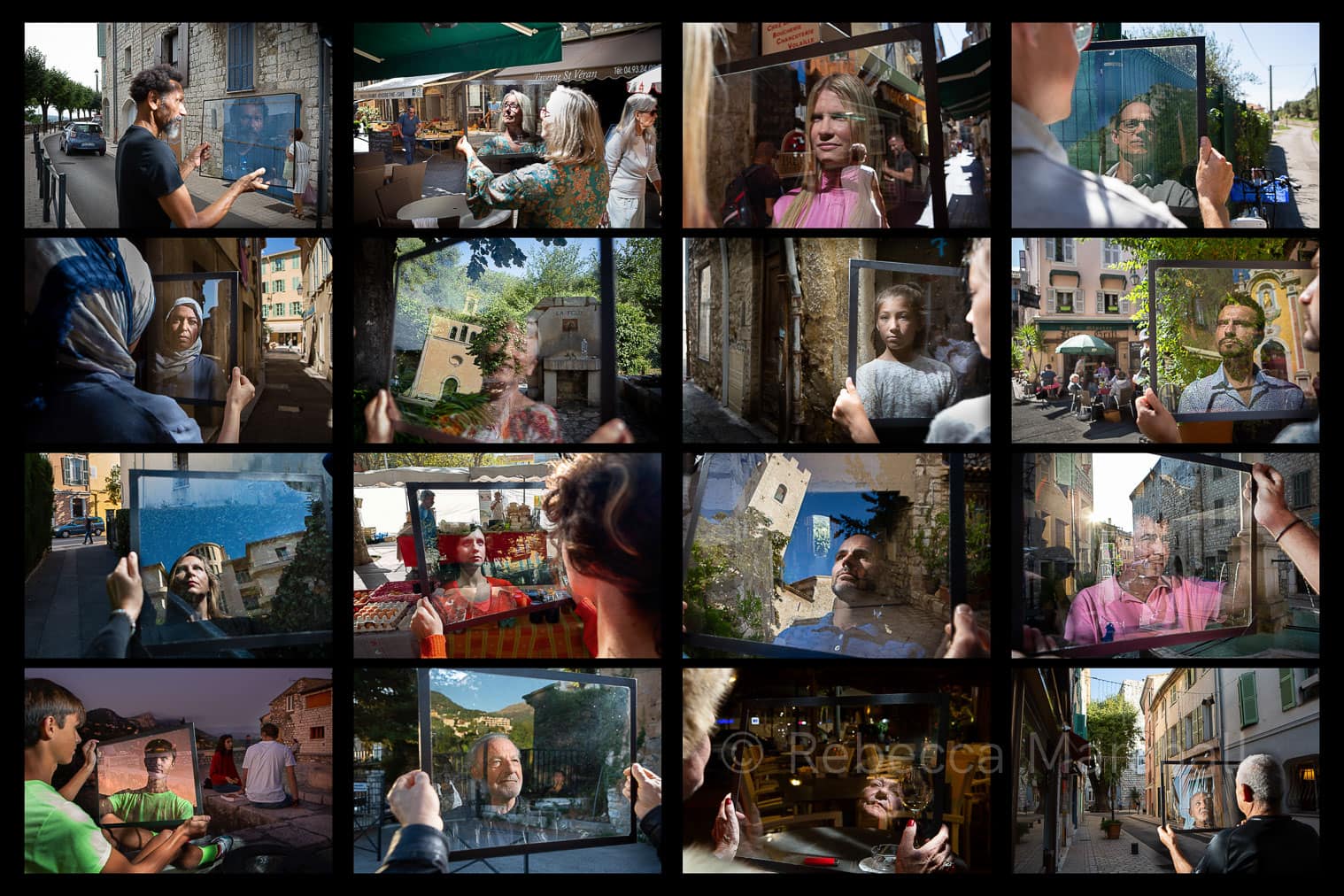 Digital contact sheet showing 16 photographs of the reflections of people in a sheet of glass they're holding, set in varied townscapes