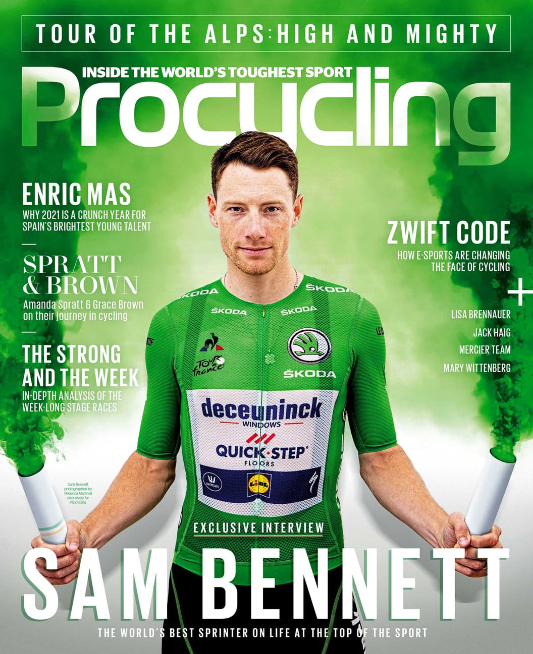 Cover of ProCycling Magazine showing Sam Bennett in a green jersey surrounded by green smoke