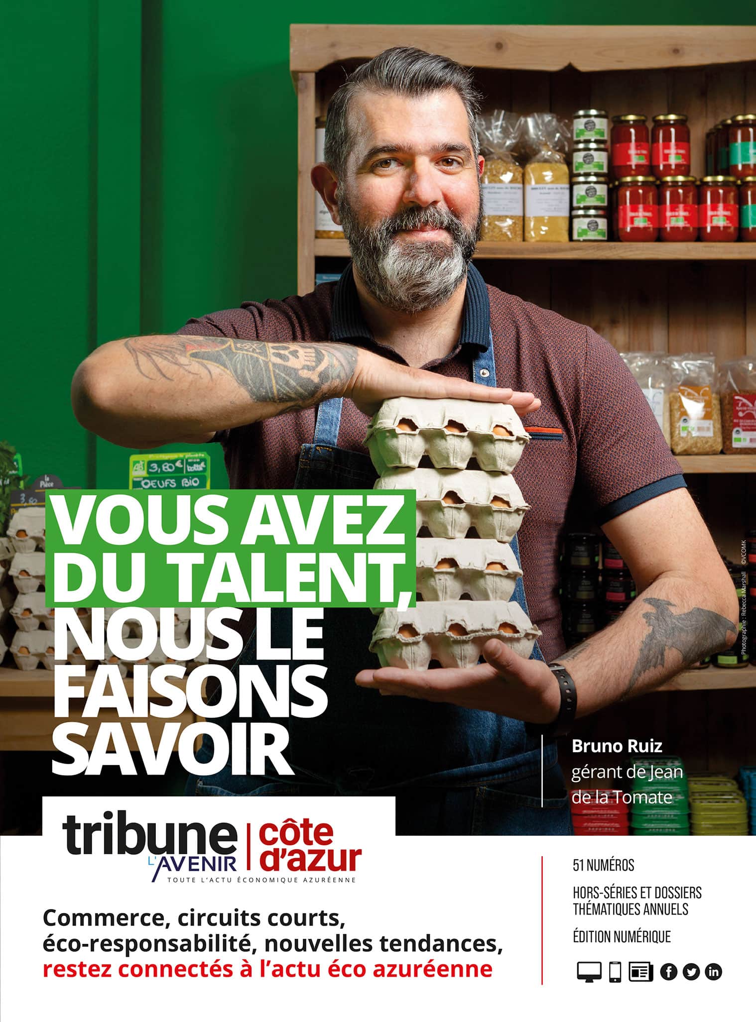 Advertising poster showing a portrait of a man holding a stack of eggboxes overlain with text (French)