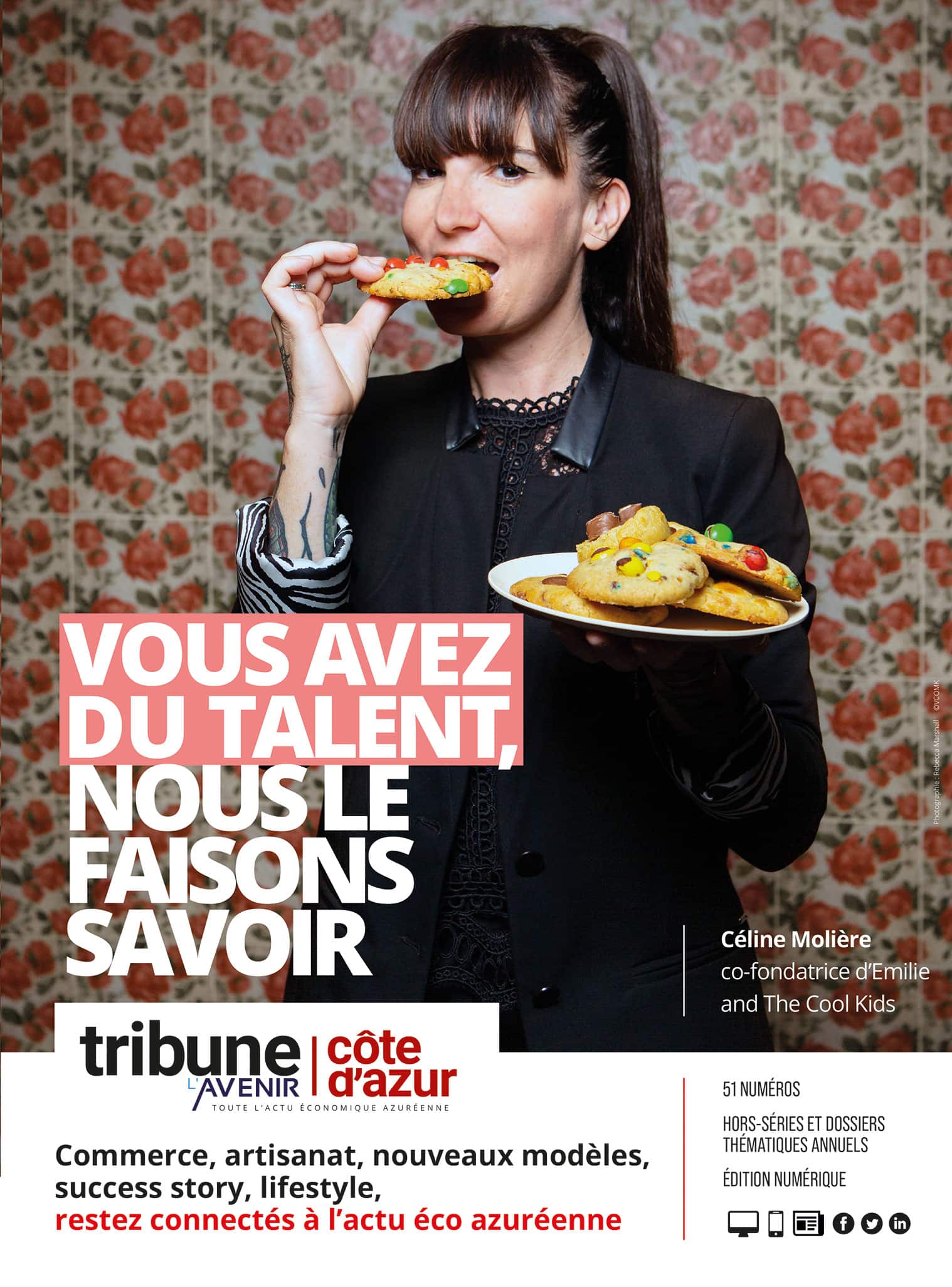 Advertising poster showing a portrait of woman holding a plate full of cookies and eating one overlain with text (in French)
