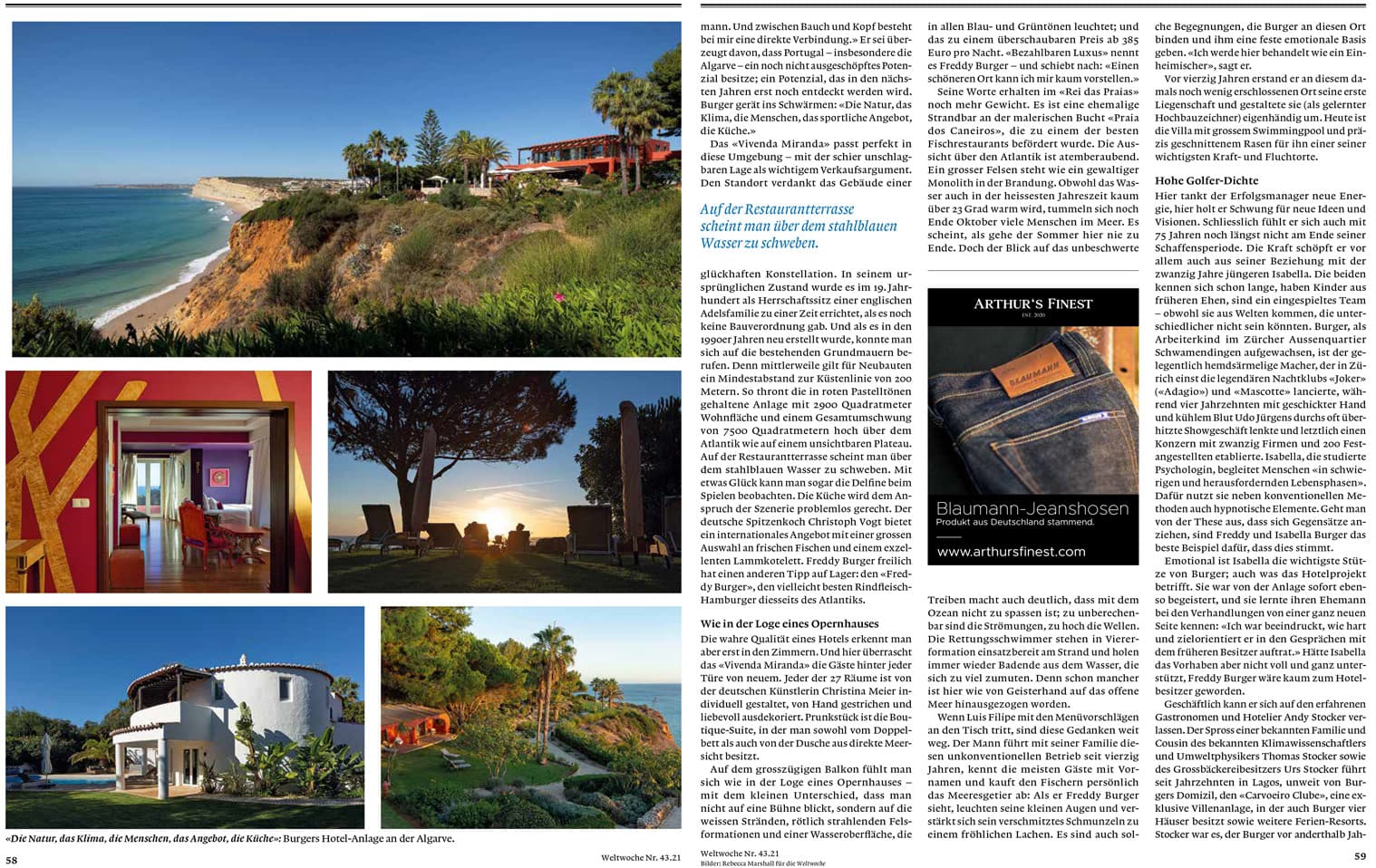 Double page spread from Swiss magazine Die Weltwoche showing a montage of 5 photographs of a hotel and text
