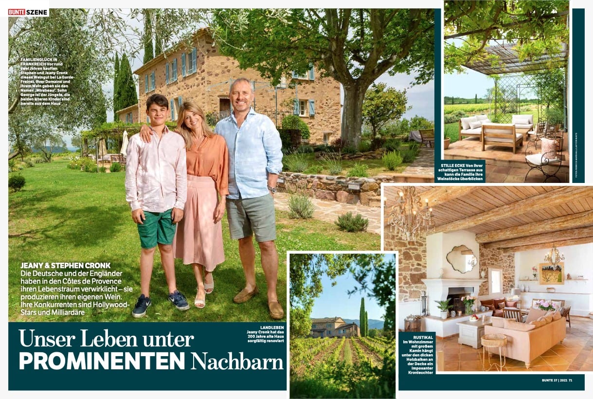 Double page spread from German magazine Bunte showing photo of a husband, wife and their teenage son standing in the garden of their house, with inset photos of their house and overlaid captions