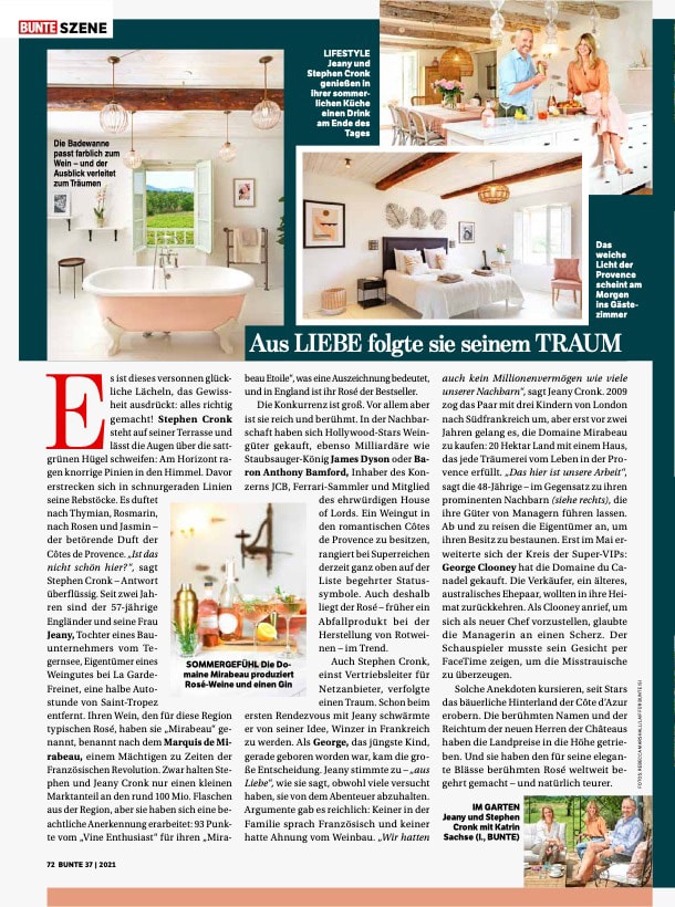 Single page spread from German magazine Bunte showing interior decoration photos and one of a husband and wife, captions and text