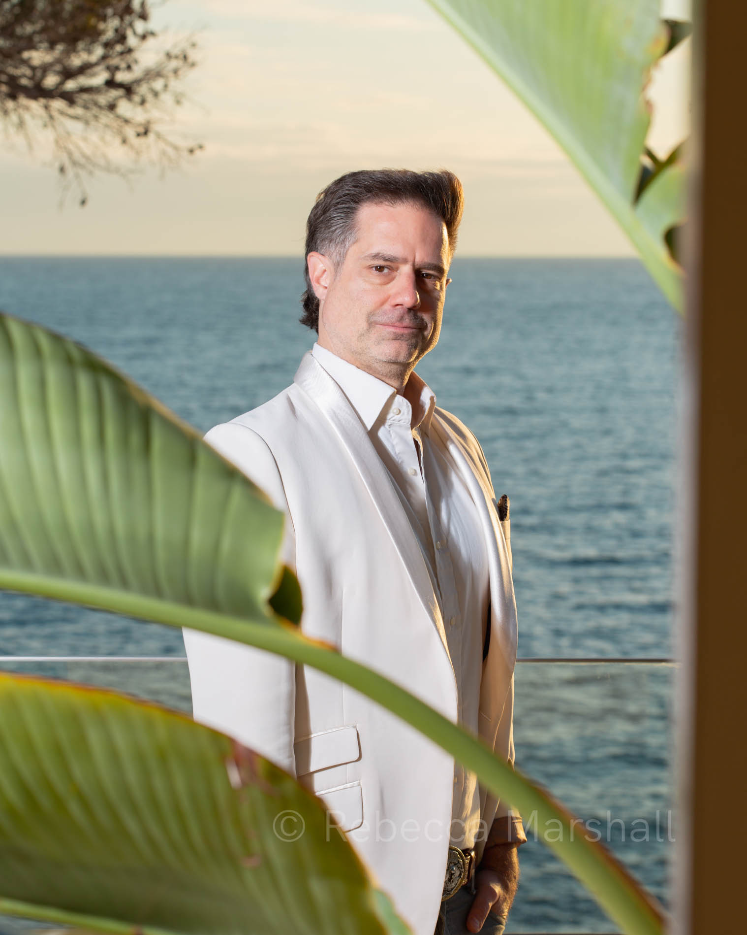 Man in a white evening jacket stands beside a banana palm tree above the sea at sunset