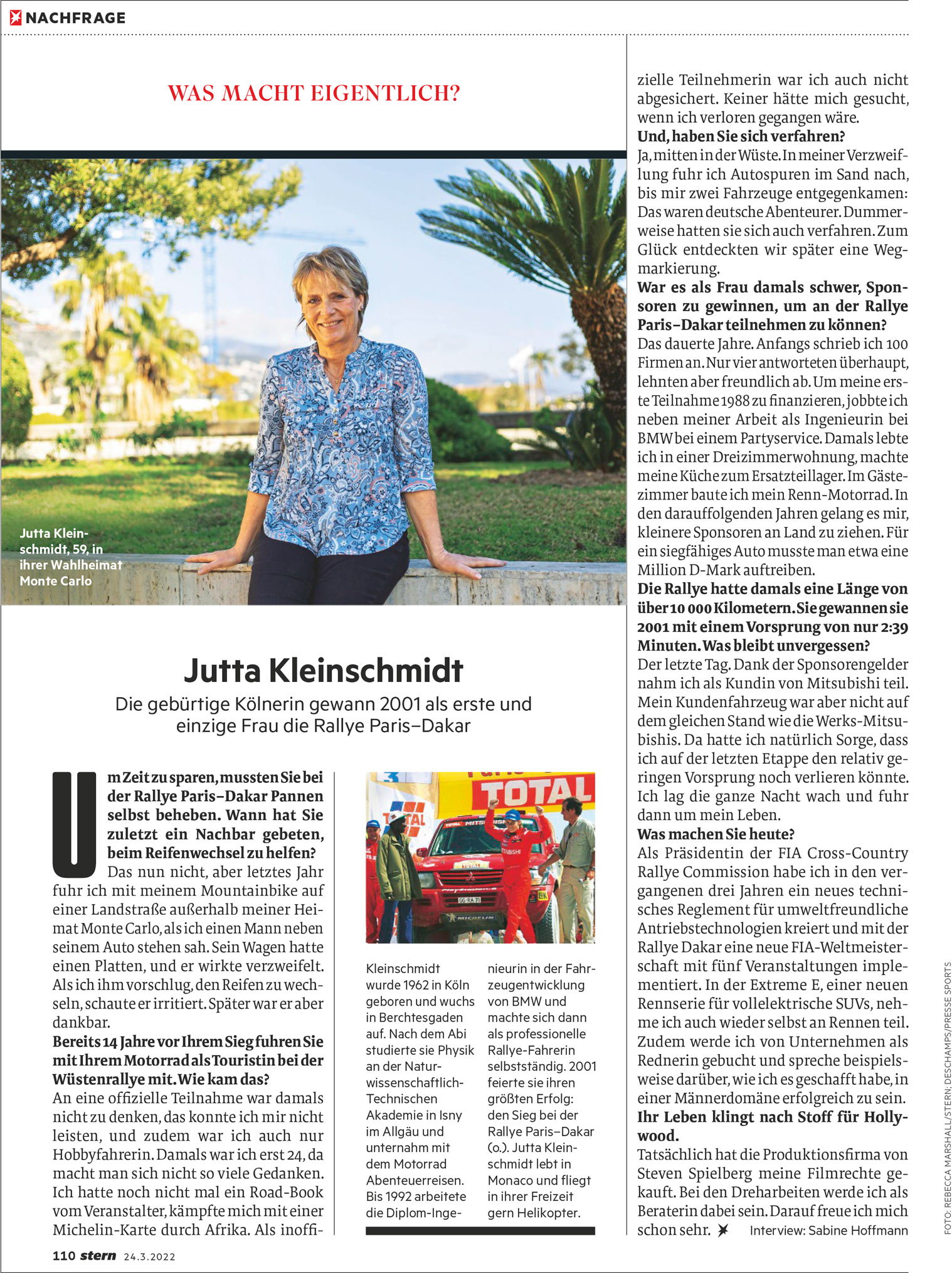 Tearsheet from Stern magazine showing portrait of Jutta Kleinschmidt and text