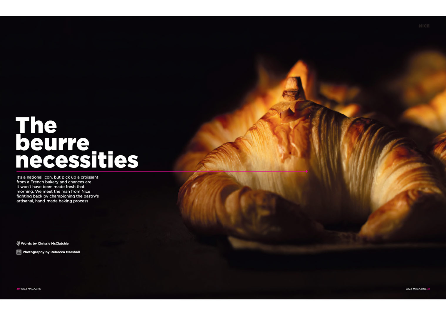 Magazine double-page tearsheet showing headline and full bleed photograph of a croissant browning in a dark oven