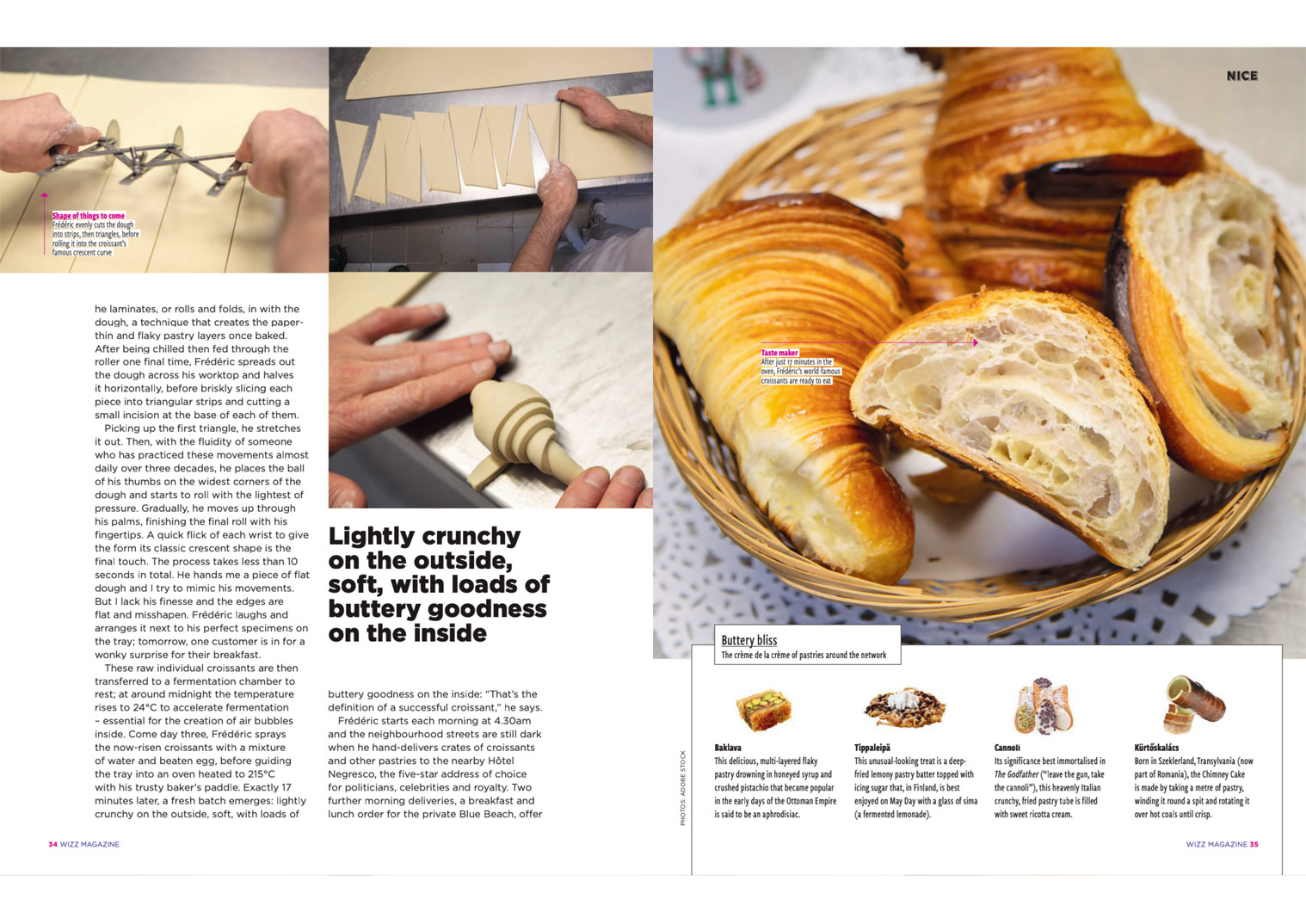 Magazine double-page tearsheet showing text and photographs of croissant dough being cut and rolled and the finished product