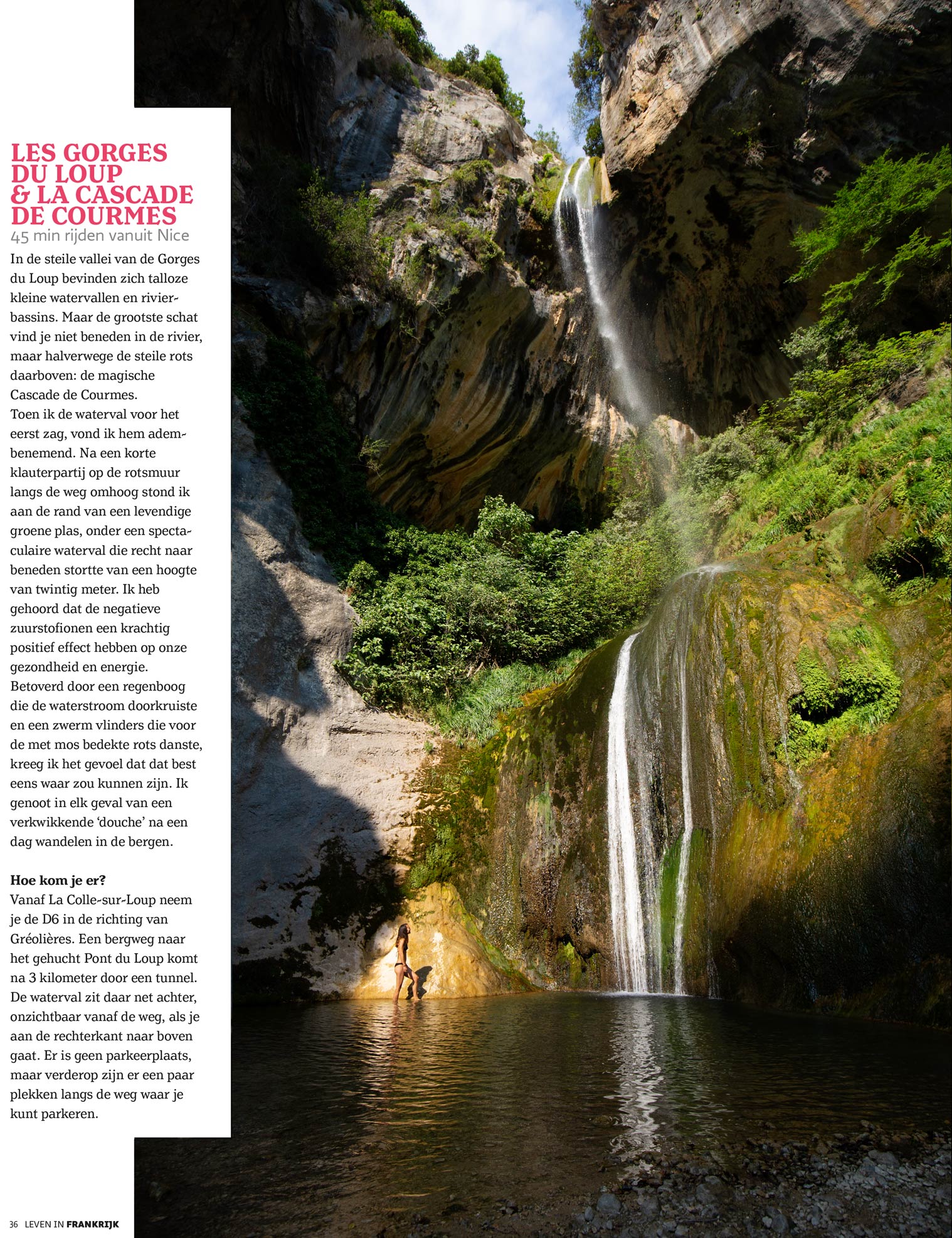 Single page magazine spread showing text and a photograph of a woman standing at the base of a high waterfall
