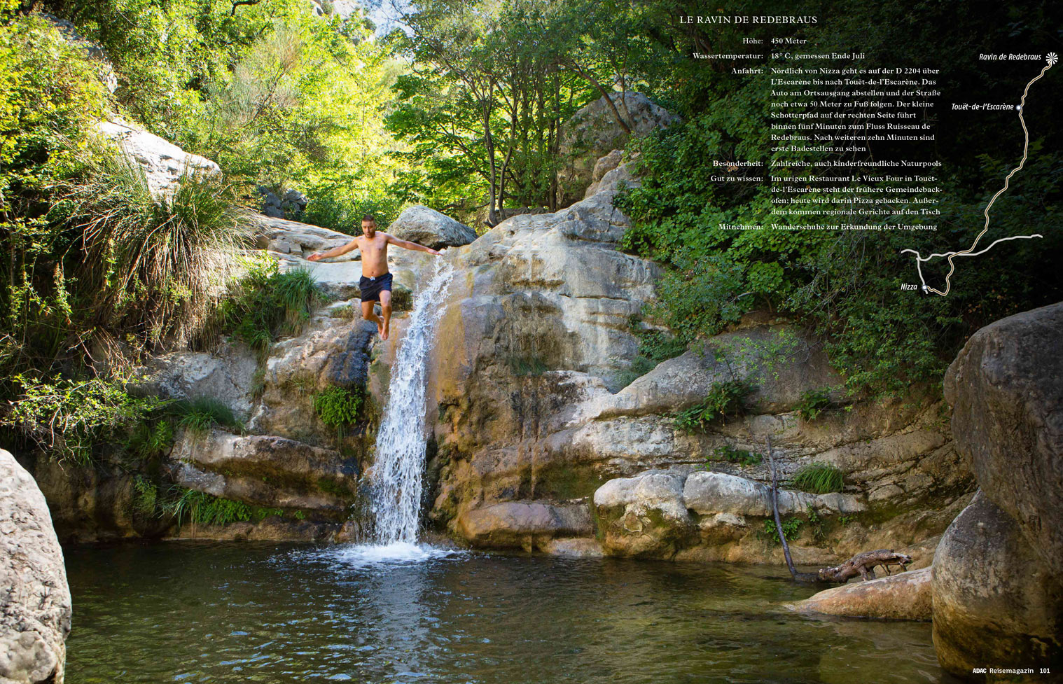 Double page magazine spread showing a full bleed photograph of a man jumping into the water below a waterfall