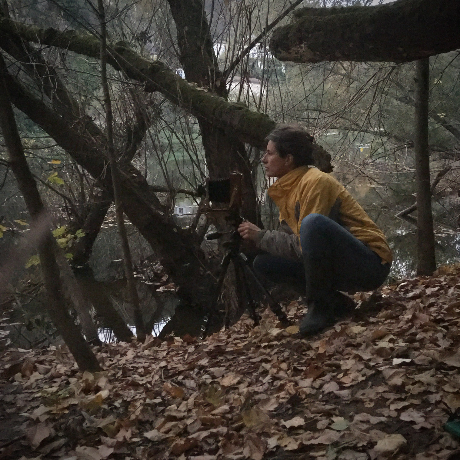 Rebecca Marshall squatting in a yellow jacket behind a wooden field camera in the woods