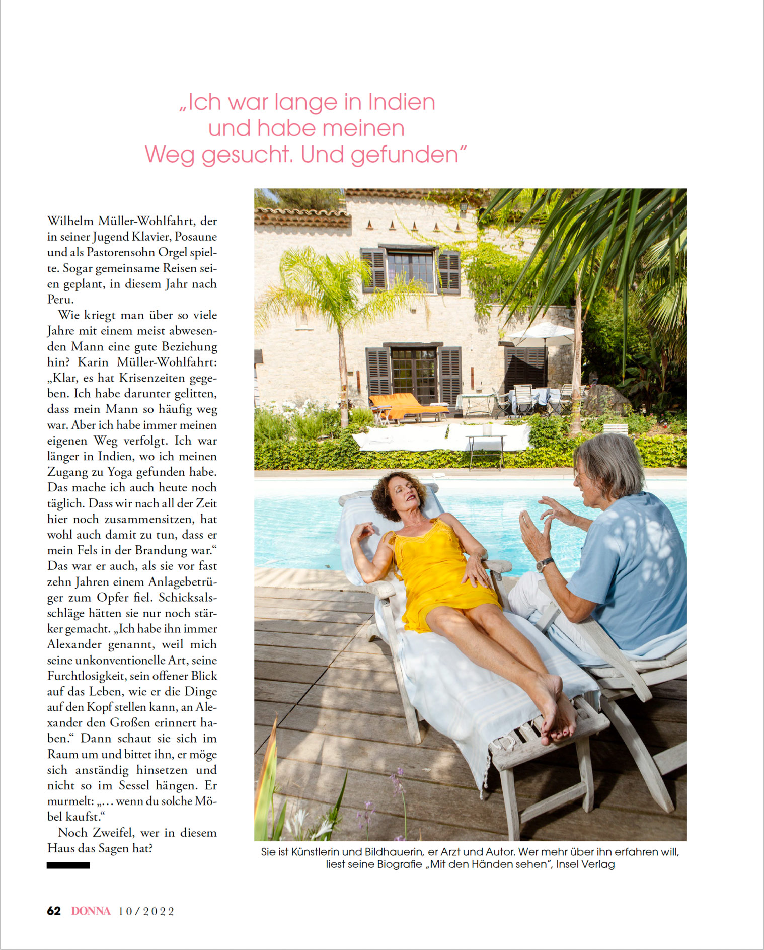 Single page magazine article tearsheet with a photograph of a couple by a swimming pool and text