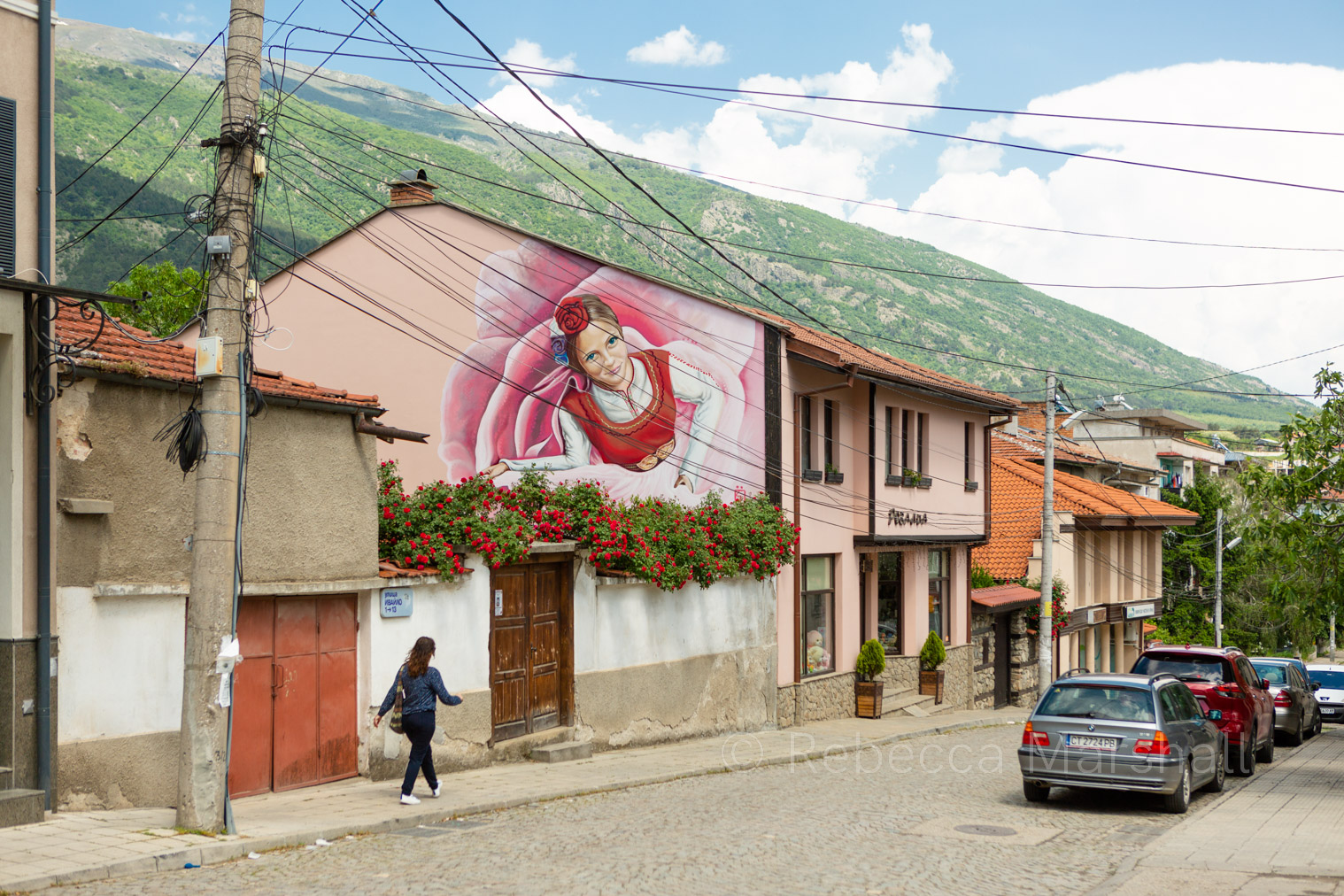 Photograph of a street in the mountains with a mural of a girl and a giant rose bloom on the wall of a house