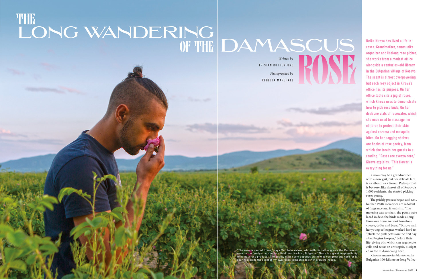 Double page magazine spread showing feature title, text and a photograph of a man smelling a rose