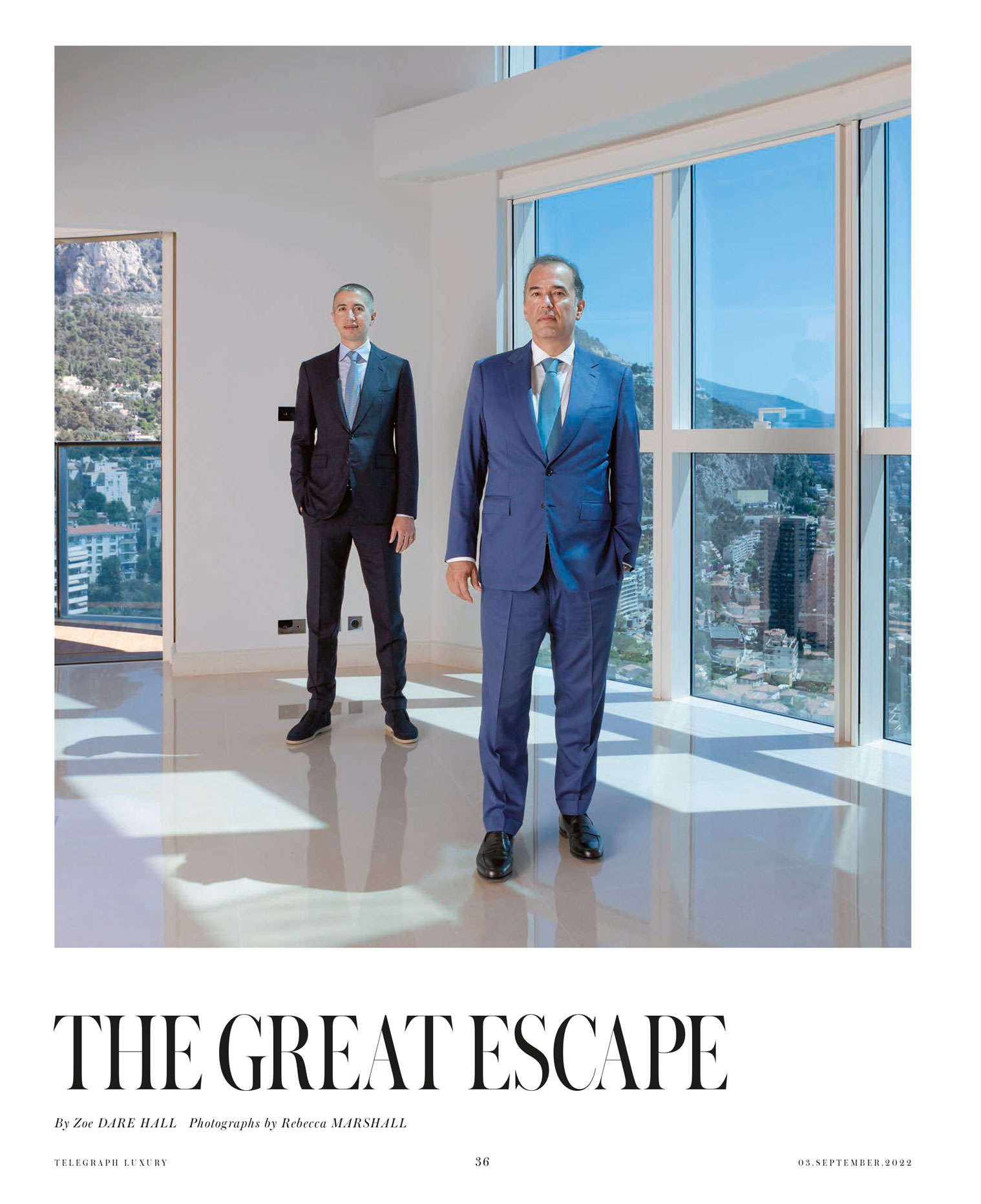 Opening page of magazine feature showing title 'The Great Escape' and a portrait of two men in suits by windows in a modern duplex apartment