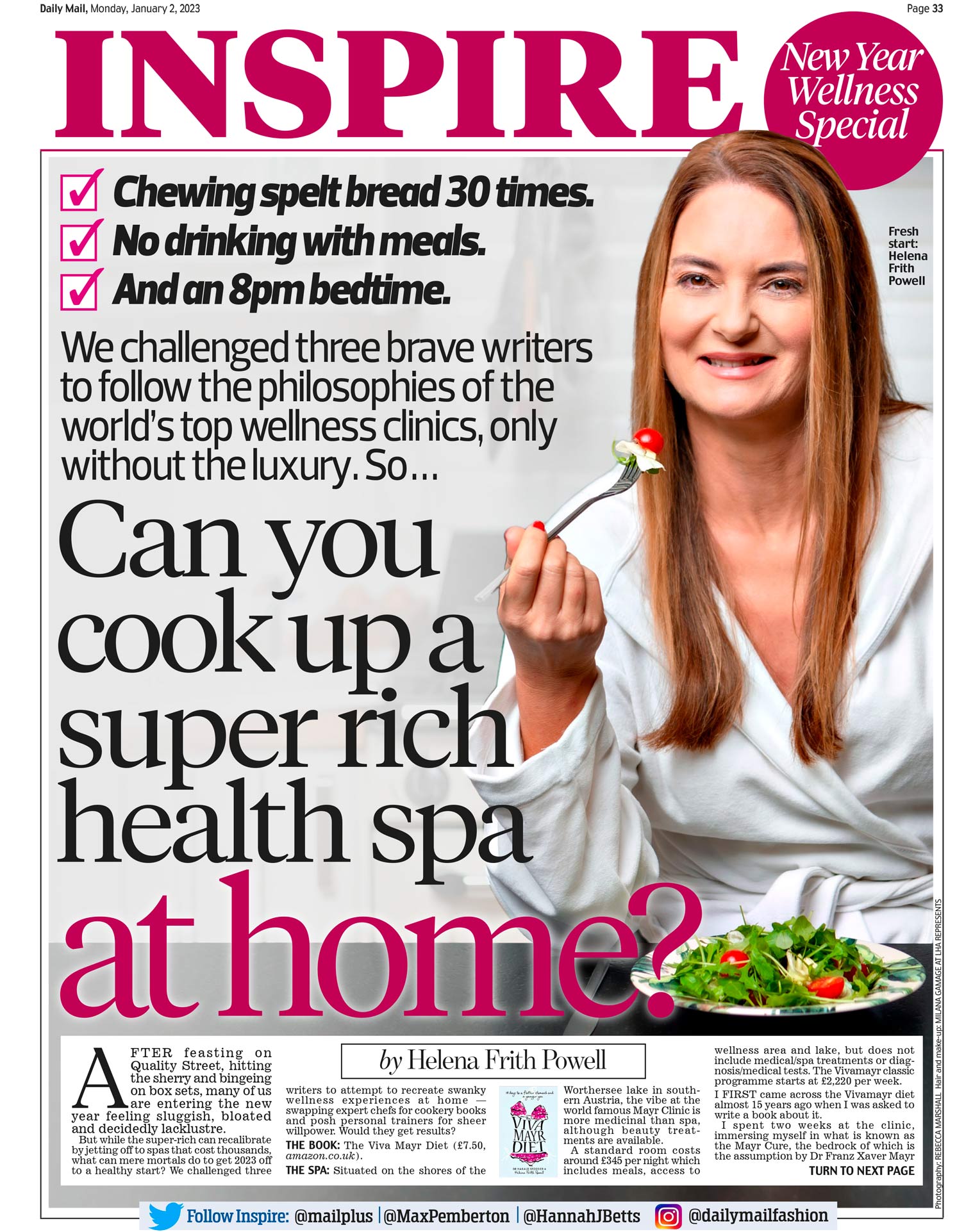 Front cover tearsheet of Daily Mail's Inspire, showing a woman eating salad in a white bathrobe