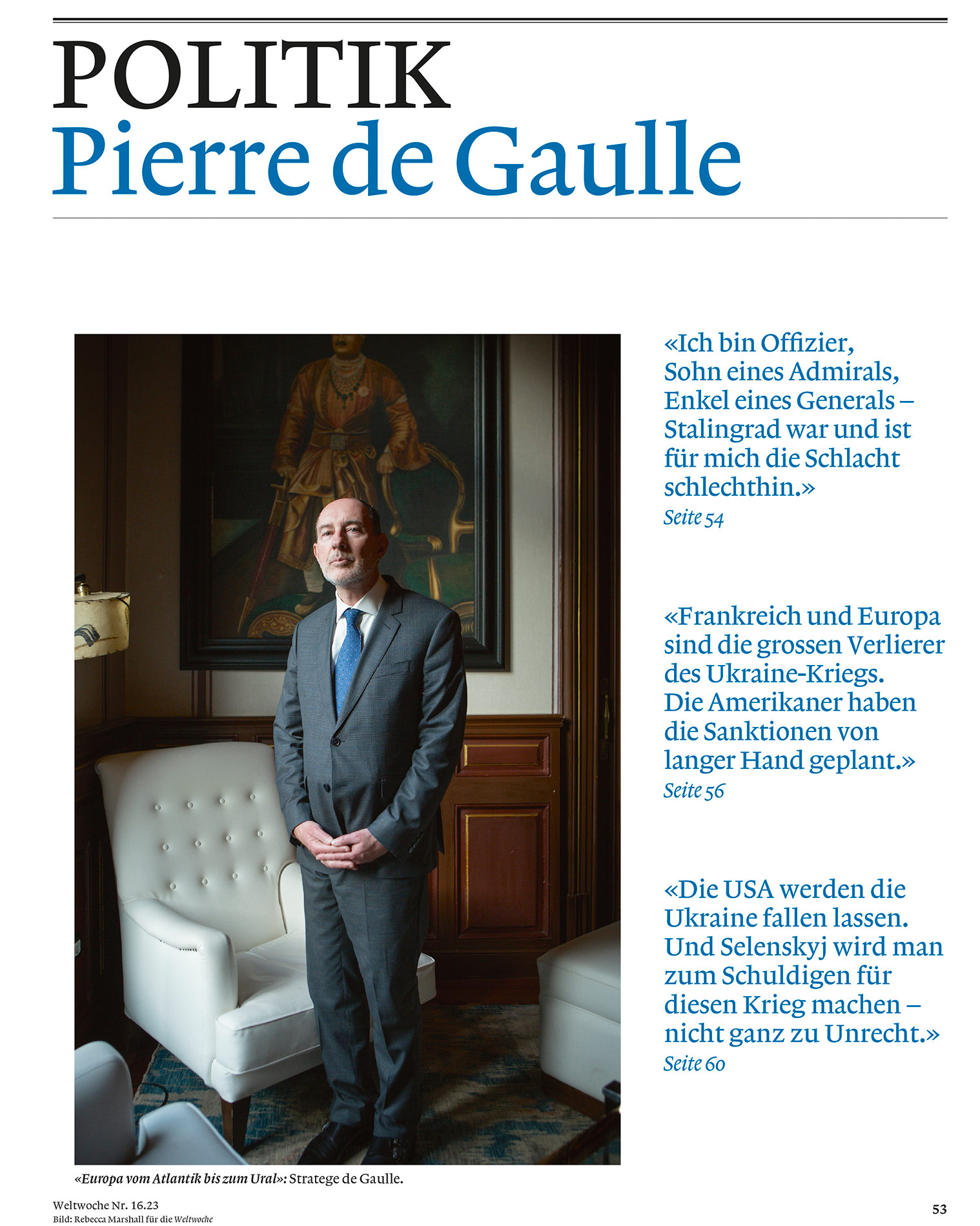 Title page for Politics section of German language magazine, showing a portrait of Pierre de Gaulle