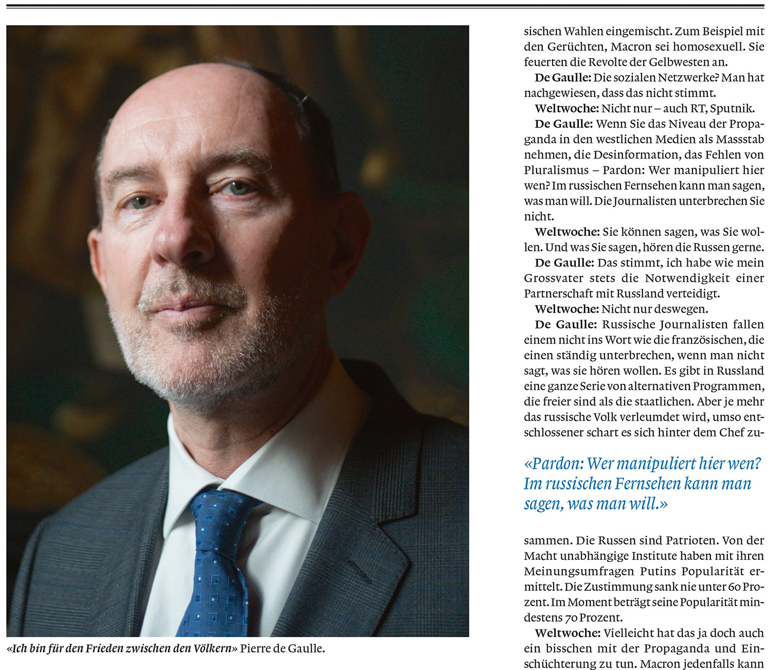 Tearsheet of inside page of German language magazine, showing a portrait of Pierre de Gaulle and interview text