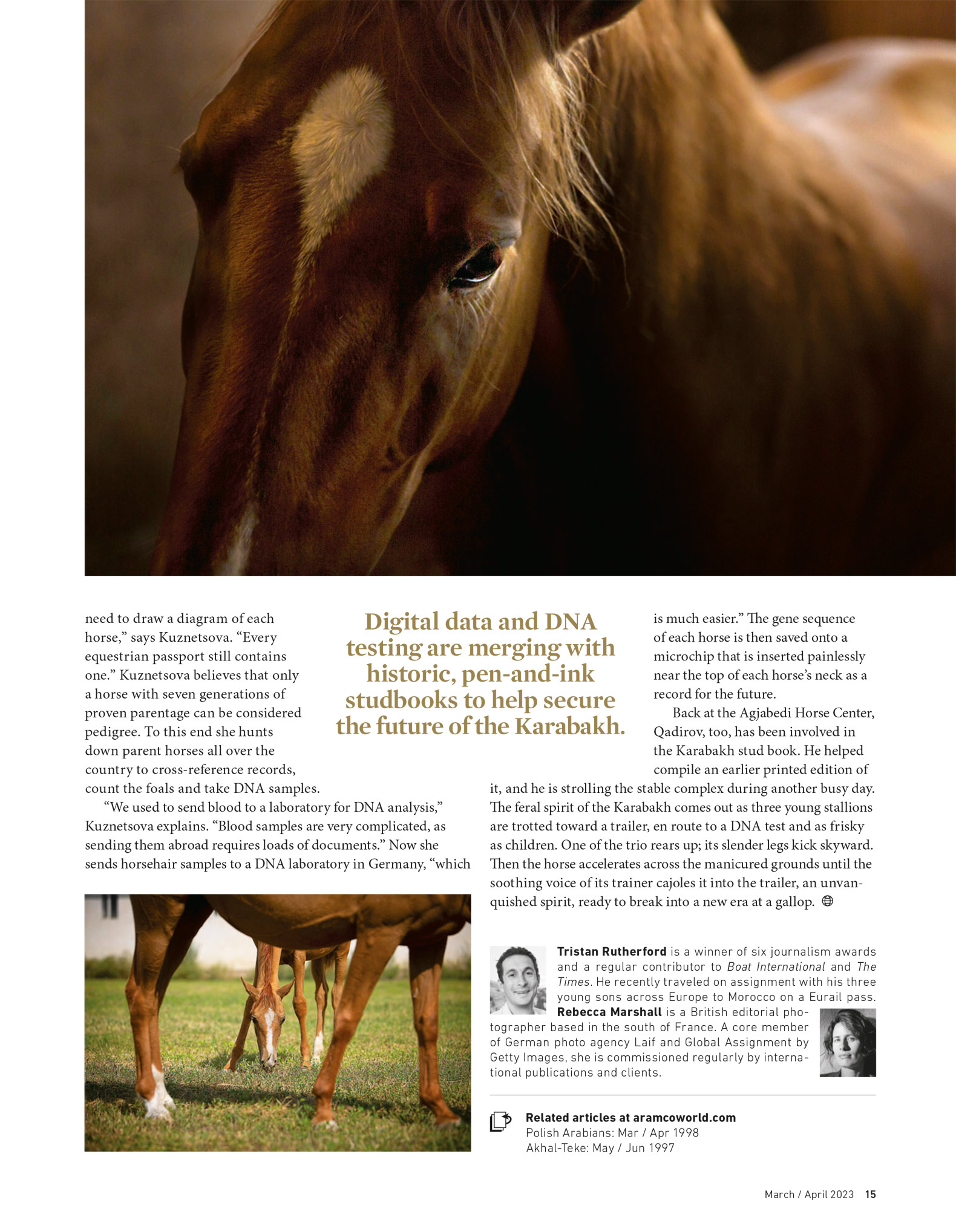 Page of a magazine, showing two photographs of horses