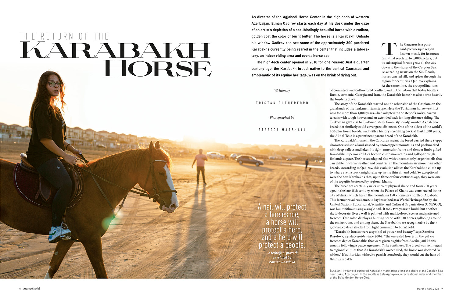 Opening double pages of a magazine feature, showing title text and a photograph of horse beng ridden on a beach