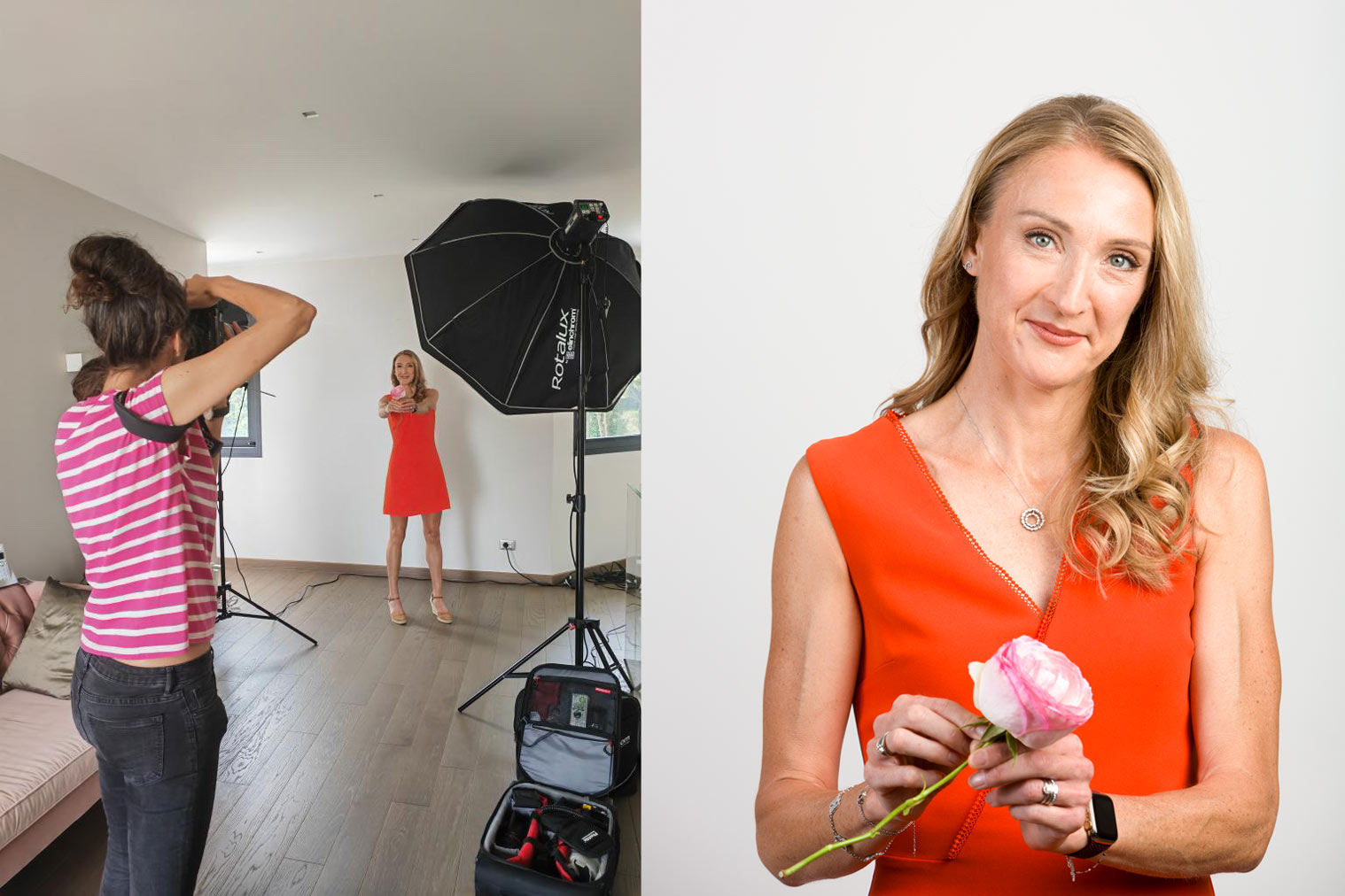 Diptych showing left behind the shoulder of photographer, Rebecca Marshall, making pictures of Paula Radcliffe and, right, the portrait she was making