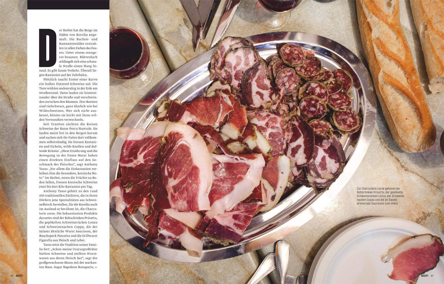 Double-page spread inside BEEF! magazine, showing a full-bleed photo of a plate of dried meat