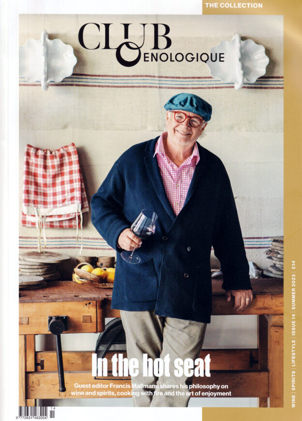 Cover of Club Oenologique magazine, showing a portrait of chef Francis Mallmann, leaning on a table