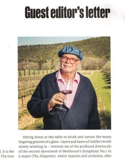 Photograph of an extract of Club Oenologique magazine's title page, showing text and a portrait of chef Francis Mallmann with heading Guest Editor's Letter