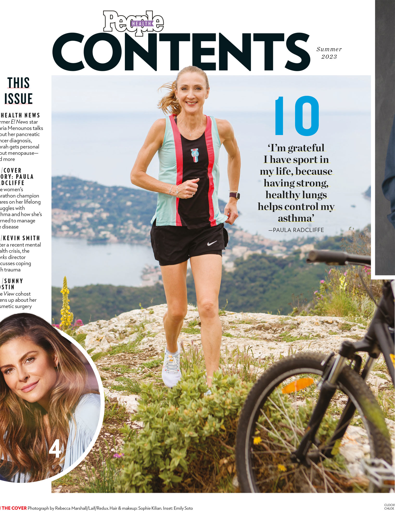 Contents page of People Health magazine, showing a photograph of Paula Radcliffe in sportswear running on a hill, with a sea view in the background