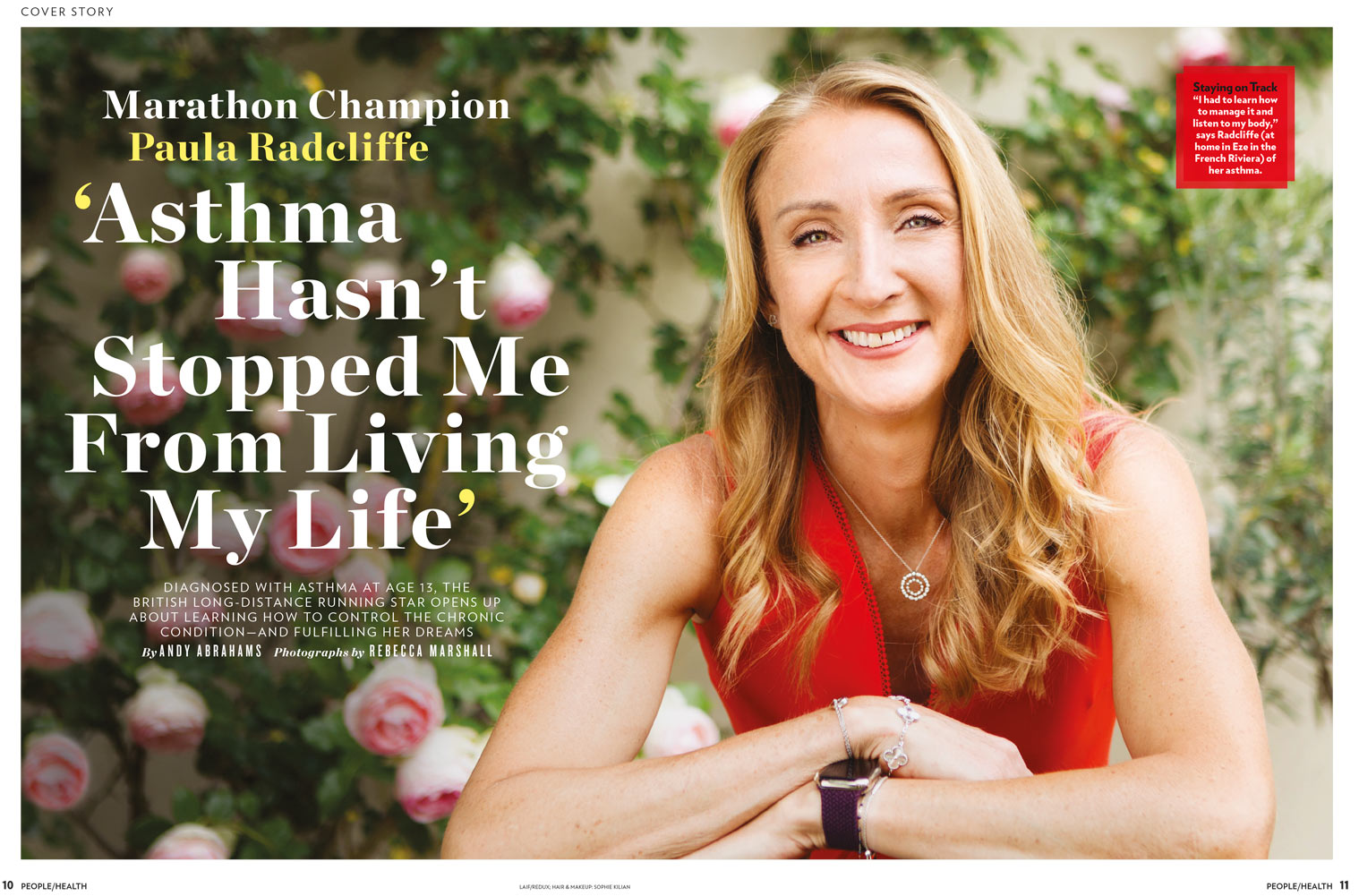 Double page, feature title spread inside People Health magazine, showing portrait of Paula Radcliffe wearing a red dress