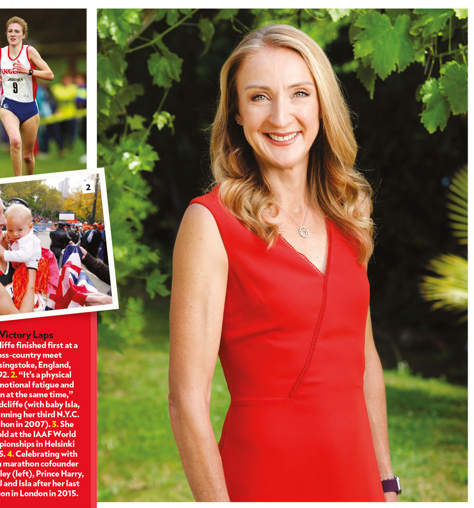 Part of an inside page of People Health magazine, showing a photograph of Paula Radcliffe in a red dress