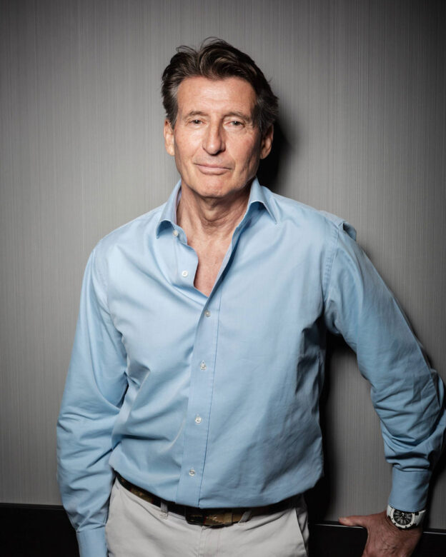 Portrait of Sebastian Coe in a blue shirt