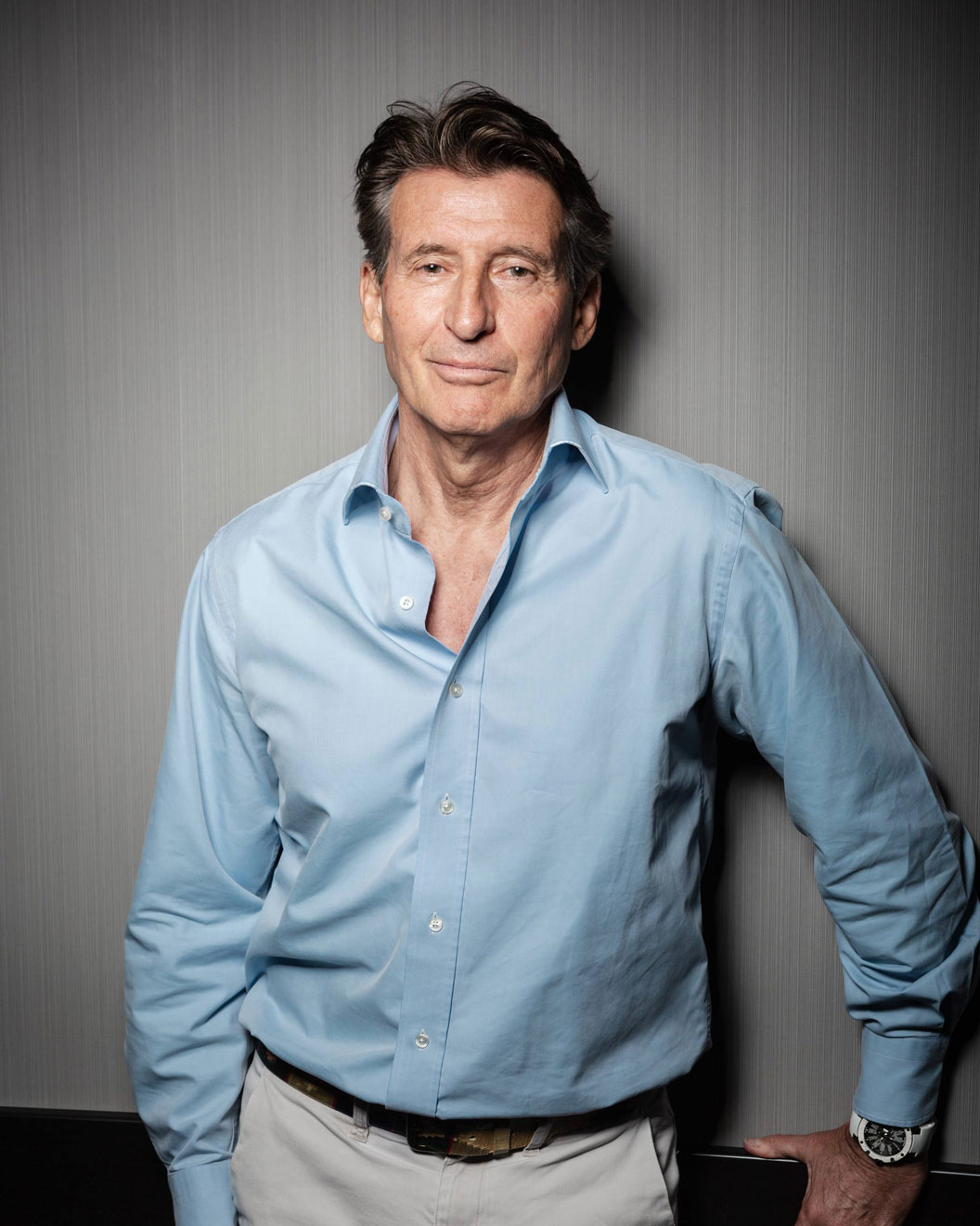 Portrait of Sebastian Coe in a blue shirt