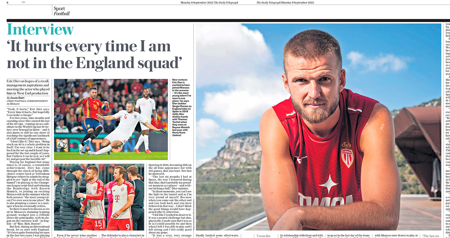 Eric Dier, Daily Telegraph feature Tearsheet from the Daily Telegraph newspaper, showing a portrait of Eric Dier