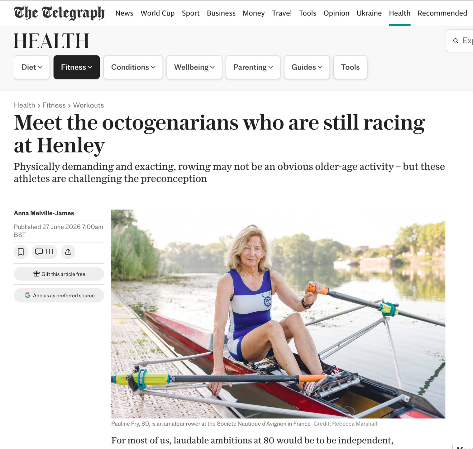 Daily Telegraph 27/7/26 Screenshot of The Telegraph website showing online article about octogenarian rowers with leading portrait of Pauline Fry